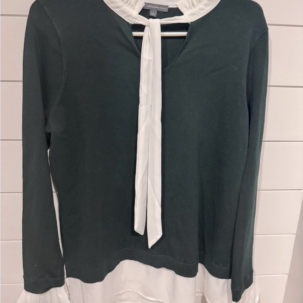 Adrianna Papell Green and Cream Ruffled Sweater